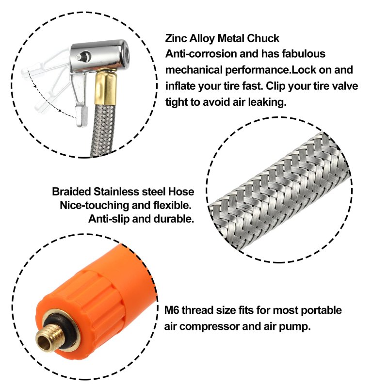 1 Pcs 31 5 Flexible Tire Inflator Hose Adapter M6 Thread Size Air Chuck With For Standard Valve Fine Without Release