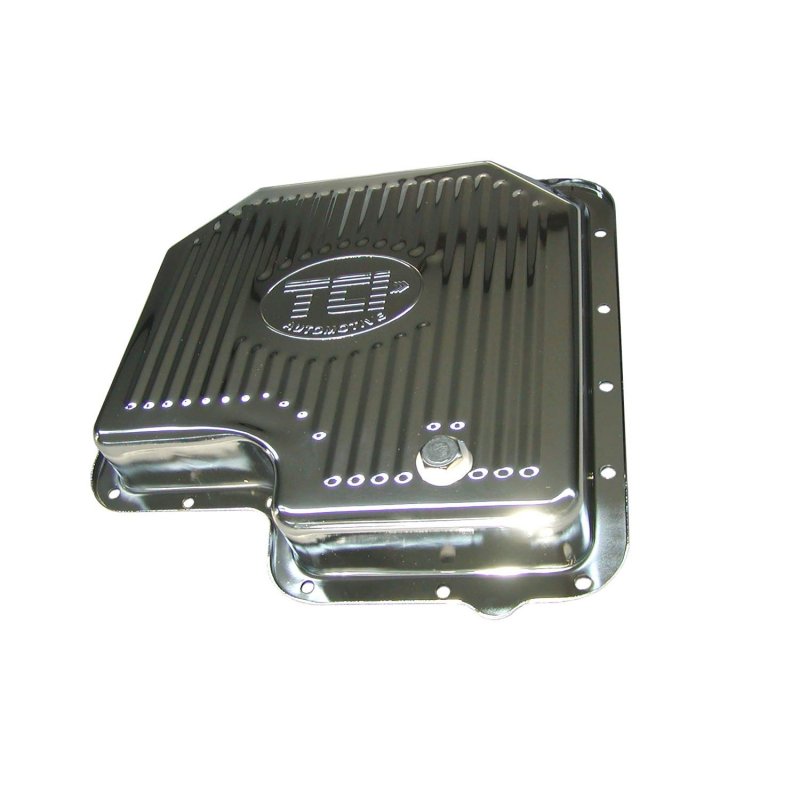 428011 Chrome Plated Stock Depth Transmission Pan For Ford With Cooling Fins And Magnetic Drain Plug Stainless Steel Hardware