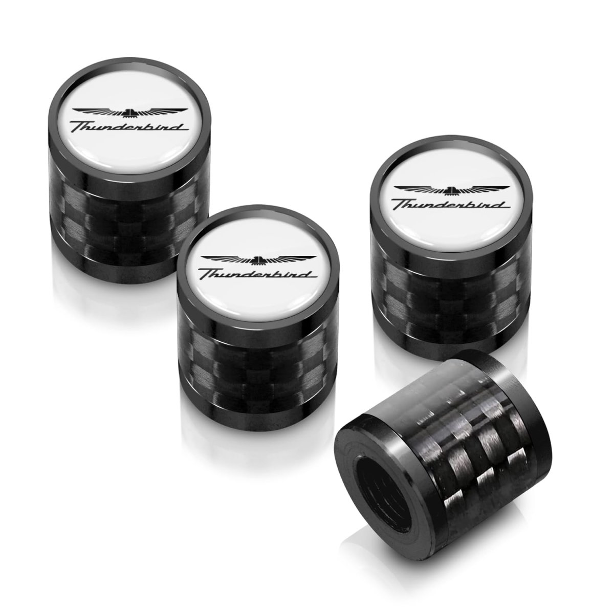 Ford Thunderbird Tire Valve Stem Caps White Logo On Real Carbon Fiber Barrel And Black Aluminum Set Of 4 Universal Fit For Car