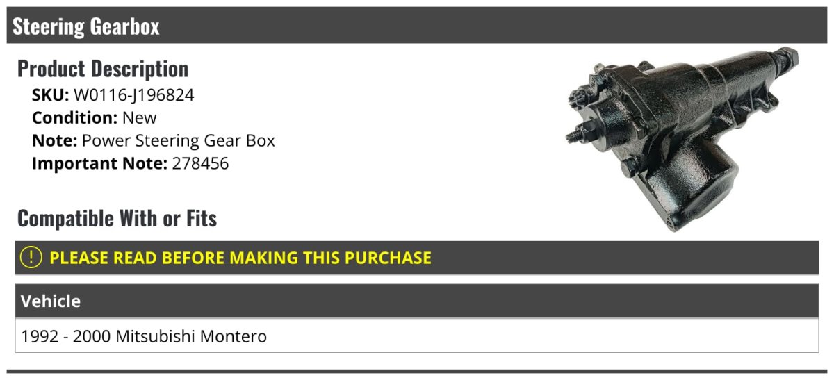 Power Steering Gear Box For 1992-2000 Mitsubishi Montero