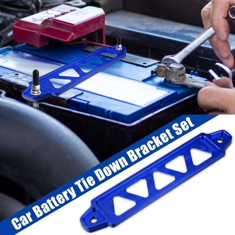 220mm Universal Hollow Aluminum Alloy Car Battery Hold Down Mount Bracket Set Blue 5 Holes 8 Inch Bolt