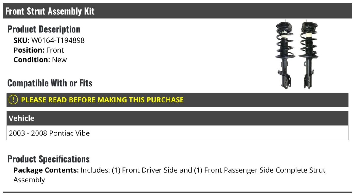 Front Strut And Coil Spring Assembly Kit 2 Piece For 2003-2008 Pontiac Vibe