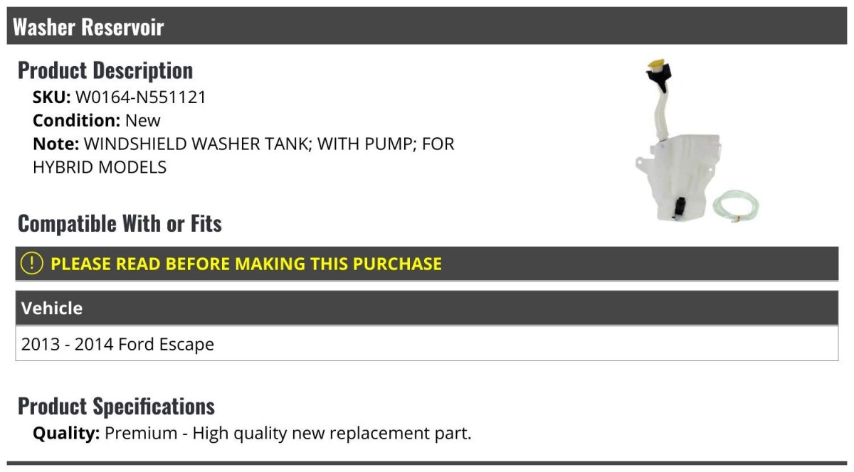 Windshield Washer Reservoir Tank With Pump For 2013 To 2014 Ford Escape Hybrid Rear Suv Replacement Part W0164-n551121