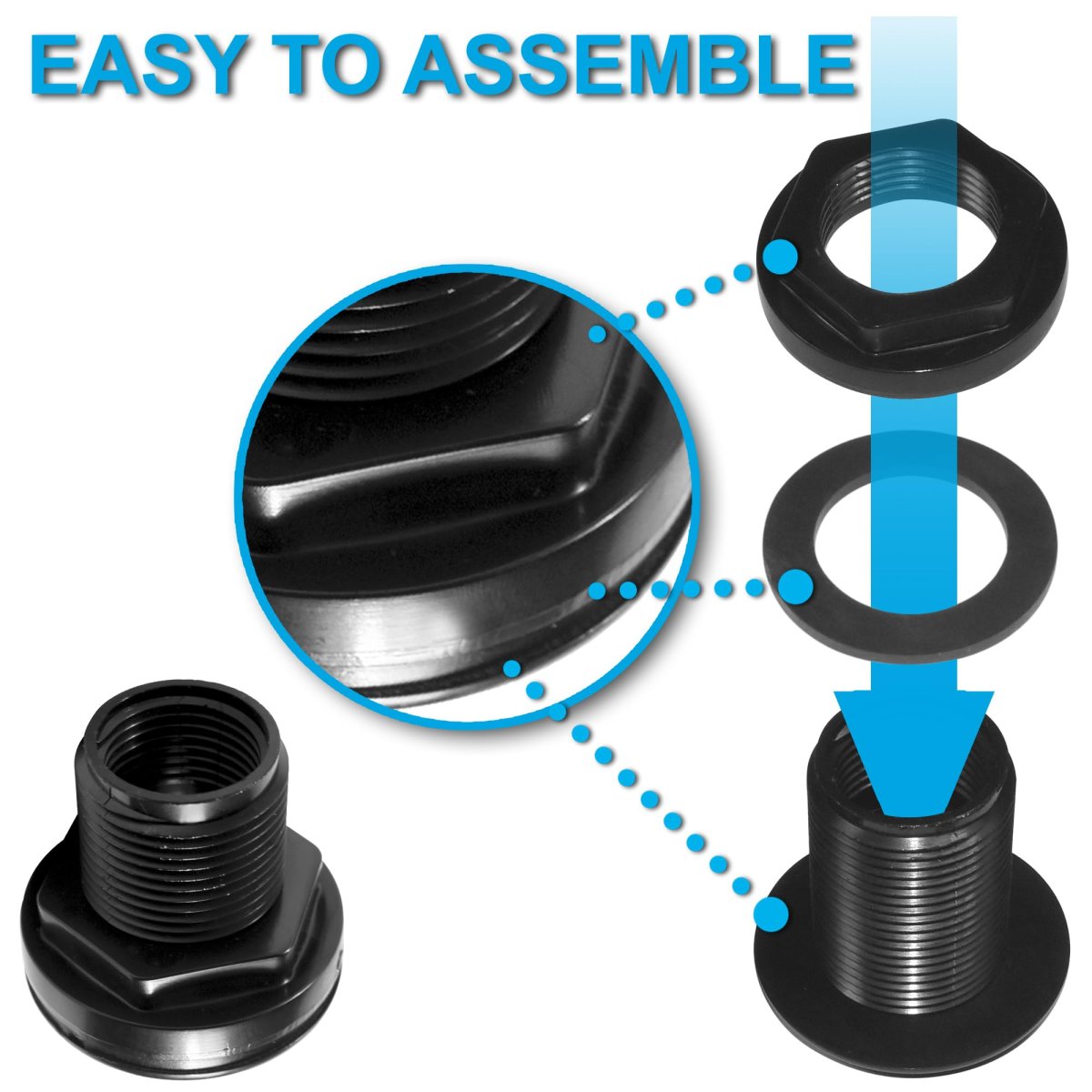 2 Pack In Abs Bulkhead Fitting Double Threaded Water Tank Connector For Rain Barrels Aquariums Tubs And Pools Uv Stabilized