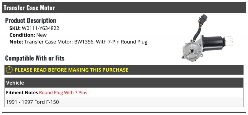 Transfer Case Motor Bw1356 With 7-pin Round Plug For 1991-1997 Ford F-150