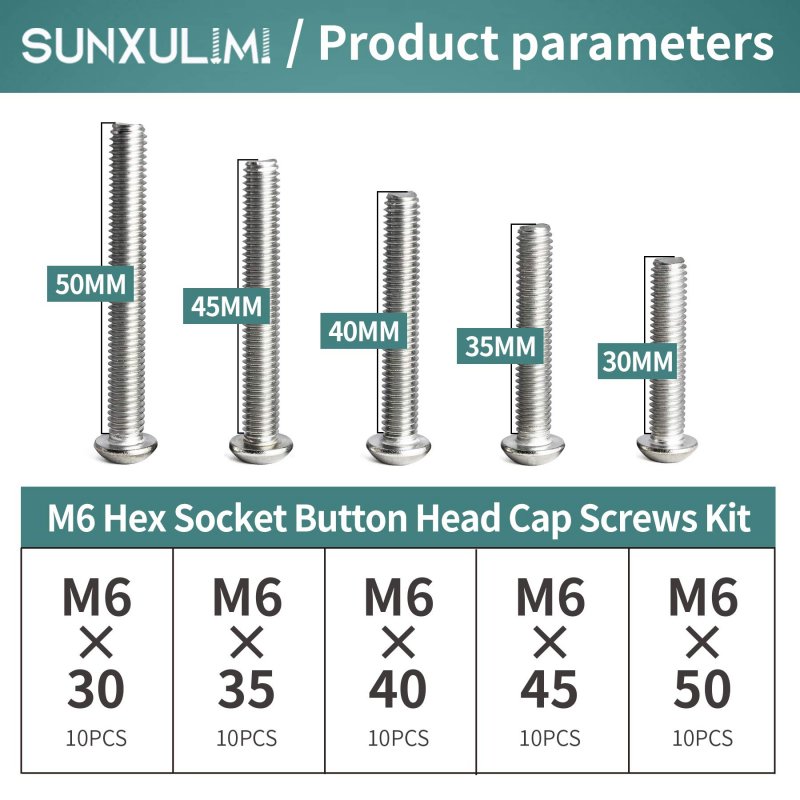 M6 Button Head Socket Cap Screws Bolts 304 Stainless Steel Metric Allen Hex Drive Fully Threaded 50 Pieces 30mm 35mm 40mm 45mm