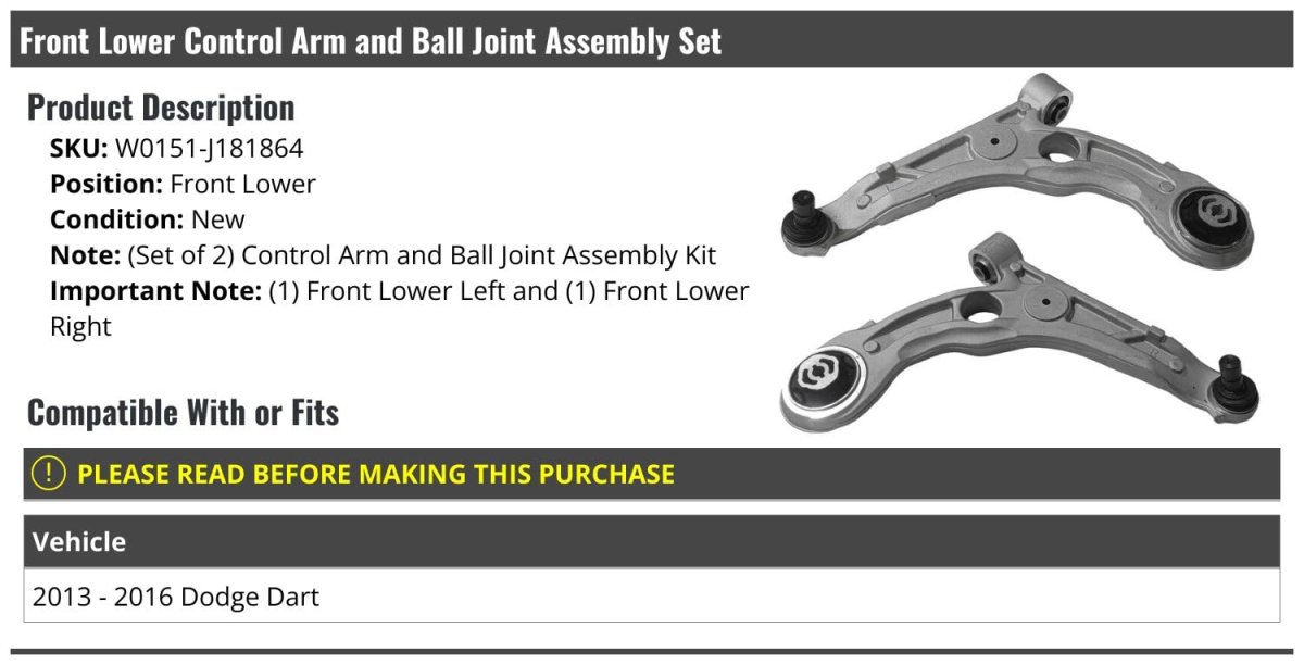 Front Lower Control Arm And Ball Joint Assembly Set Of 2 For 2013-2016 Dodge Dart