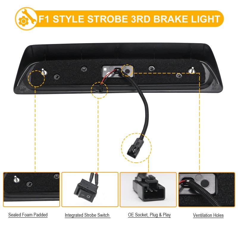 R F Auto F1 Style Strobe Led Third Brake Light Replacement For Tundra 2007-2021 Pickup Trucks White Roof Cargo High Mount Stop