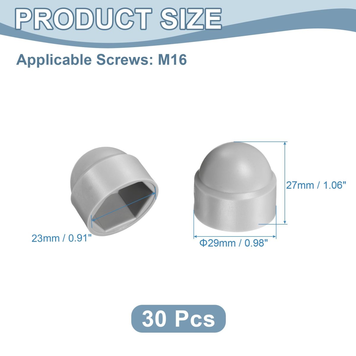 Nut Protection Cap 30pcs M16x23x27mm Plastic Hexagonal Screw Dome Acorn Hex Head Bolt Covers Waterproof Decorative Caps Grey