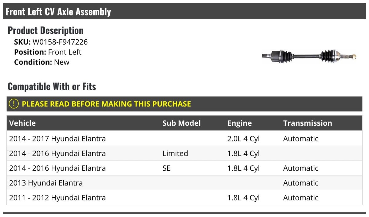 Front Left Driver Side Cv Axle Assembly For 2011-2017 Hyundai Elantra