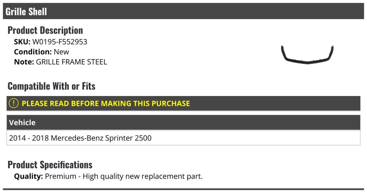 Grille Shell Steel For 2014-2018 Mercedes-benz Sprinter 2500