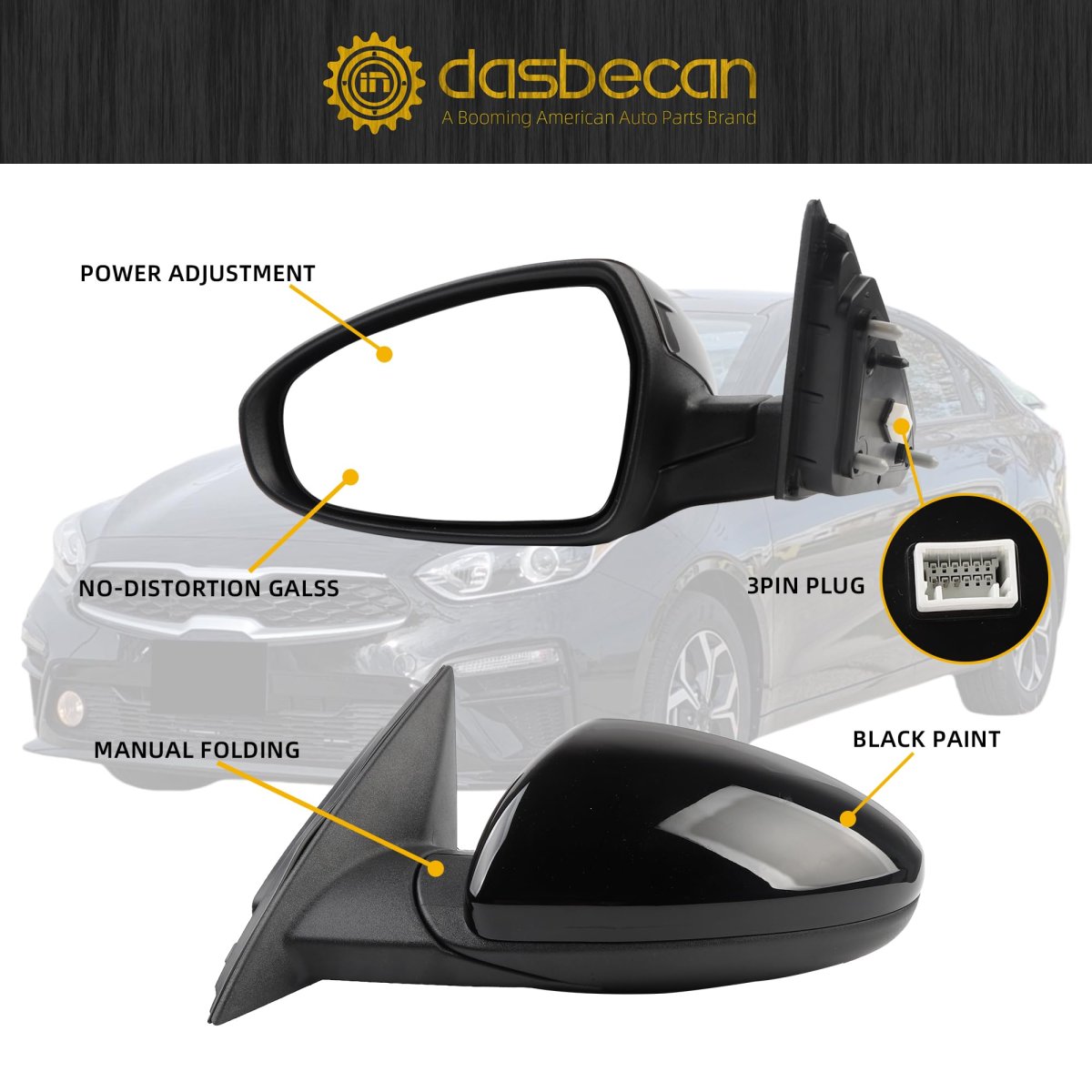 Left Driver Side Mirror Assembly For 2019-2024 Kia Forte Black Rearview With Power Adjustment Manual Folding Replace Ki1320226