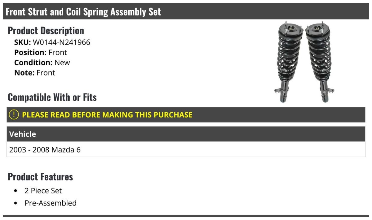 Front Strut And Coil Spring Assembly Set Of 2 For 2003 To 2008 Mazda 6 Pre Assembled Position W0144-n241966