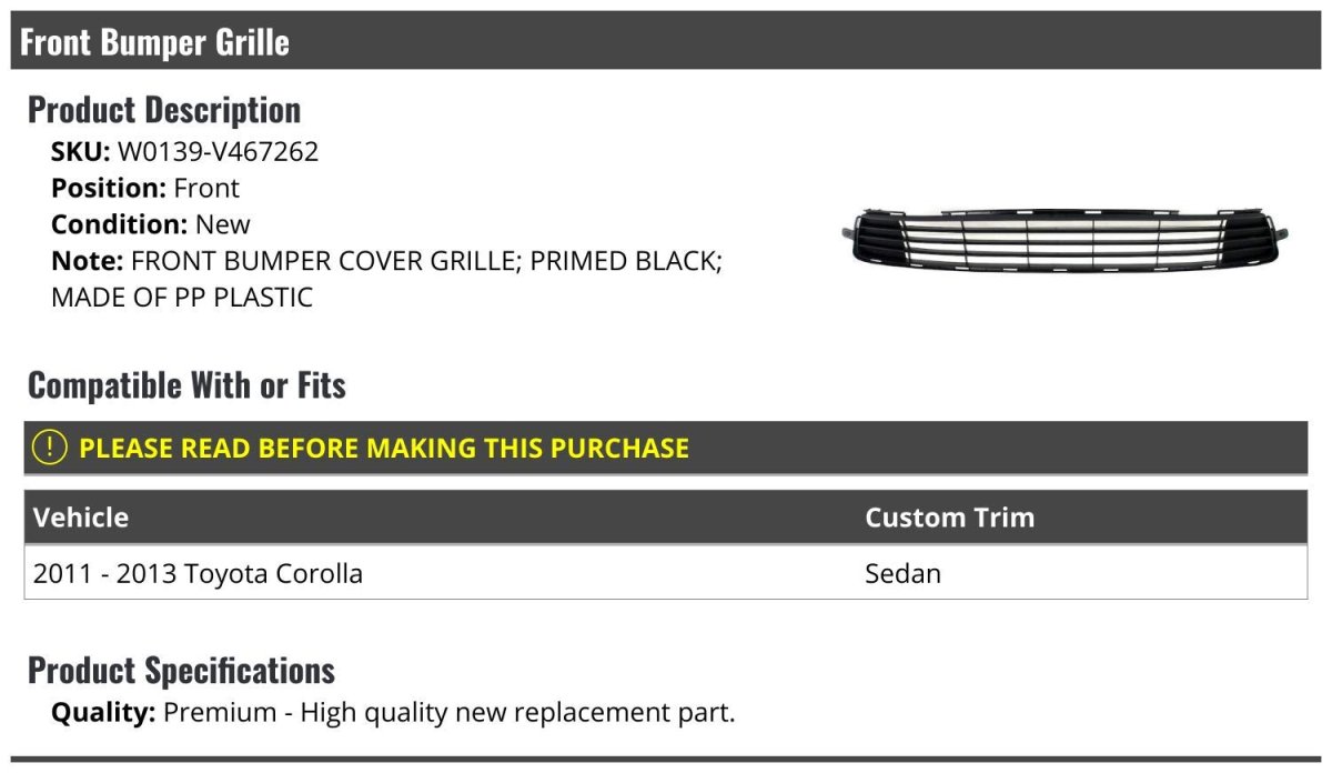 Front Bumper Grille Primed Black For 2011-2013 Toyota Corolla