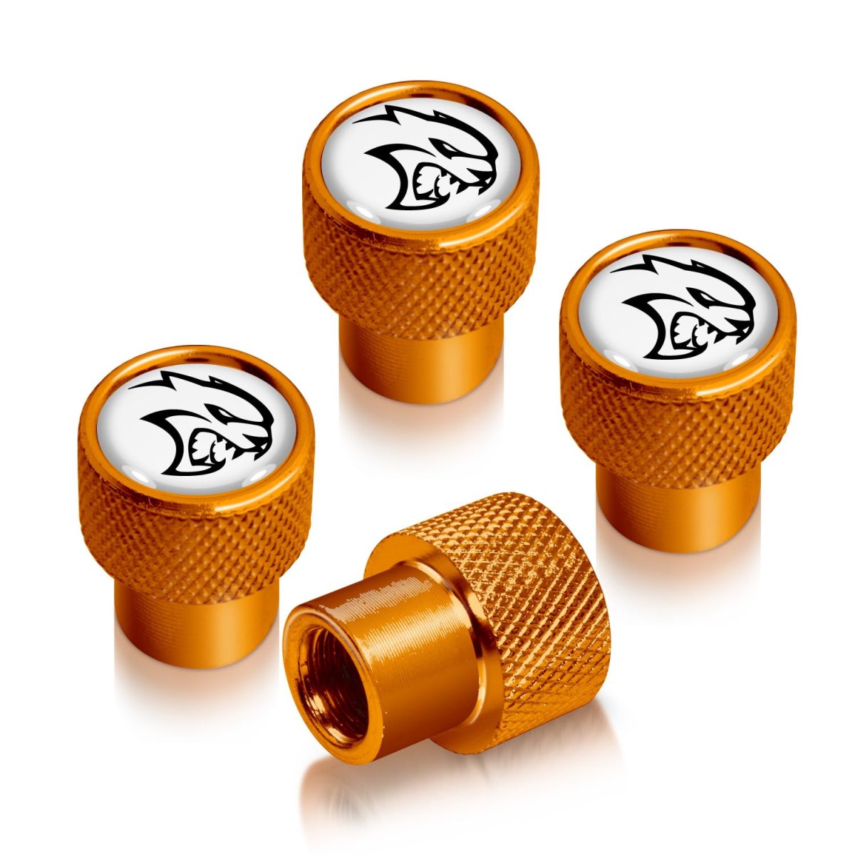 Dodge Srt Hellcat In White On Golden Premium Anodized Aluminum Tire Valve Stem Caps Set Of 4