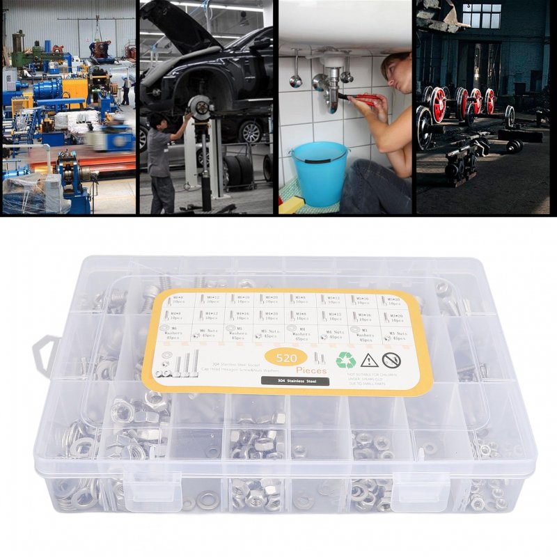520pcs Bolts Nuts Assortment Kit Metric M3 M4 M5 M6 Assorted Hex Head Stainless Steel Screw Flat Washers
