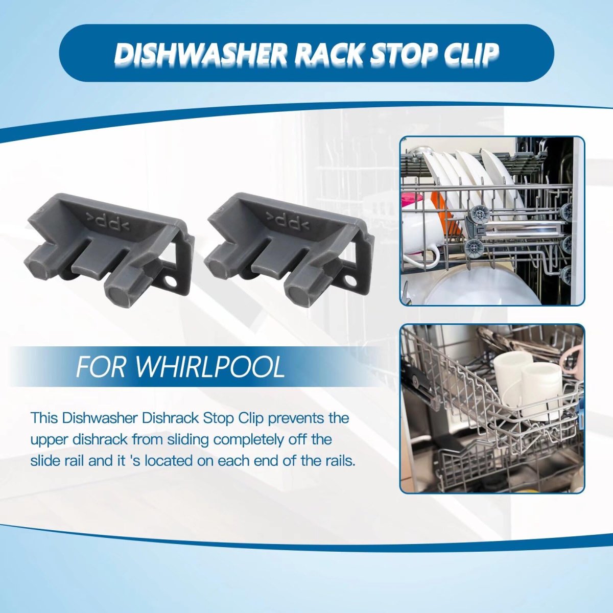 Version 2x Dishwasher Rack Stop Clip W10195622 Upper Dishrack Slide Rail Rear For Whirlpool Kitchenaid Ken-more 7wdt770paym0