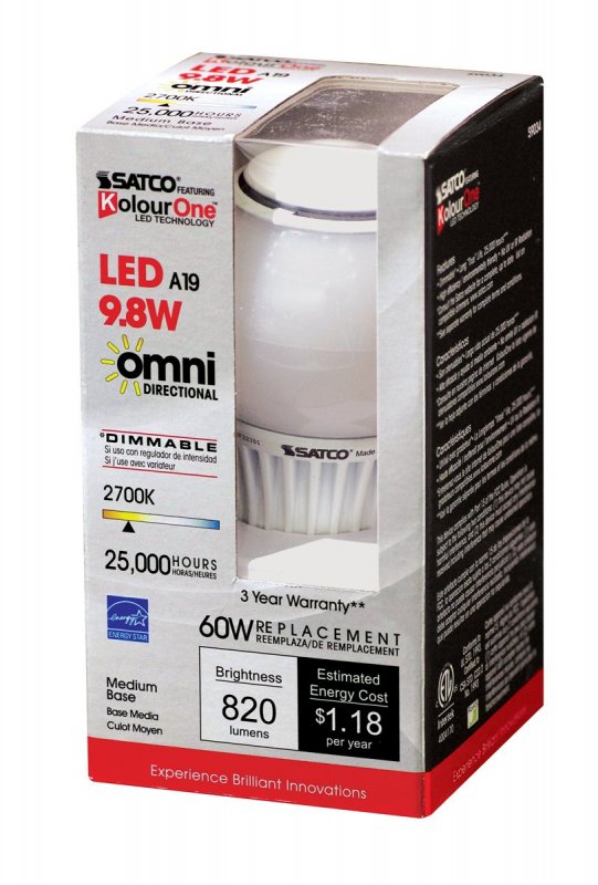 Satco S9034 9 8 Watt 60 820 Lumens A19 Led Soft White 2700k Omni 360 Beam Kolourone Light Bulb Dimmable