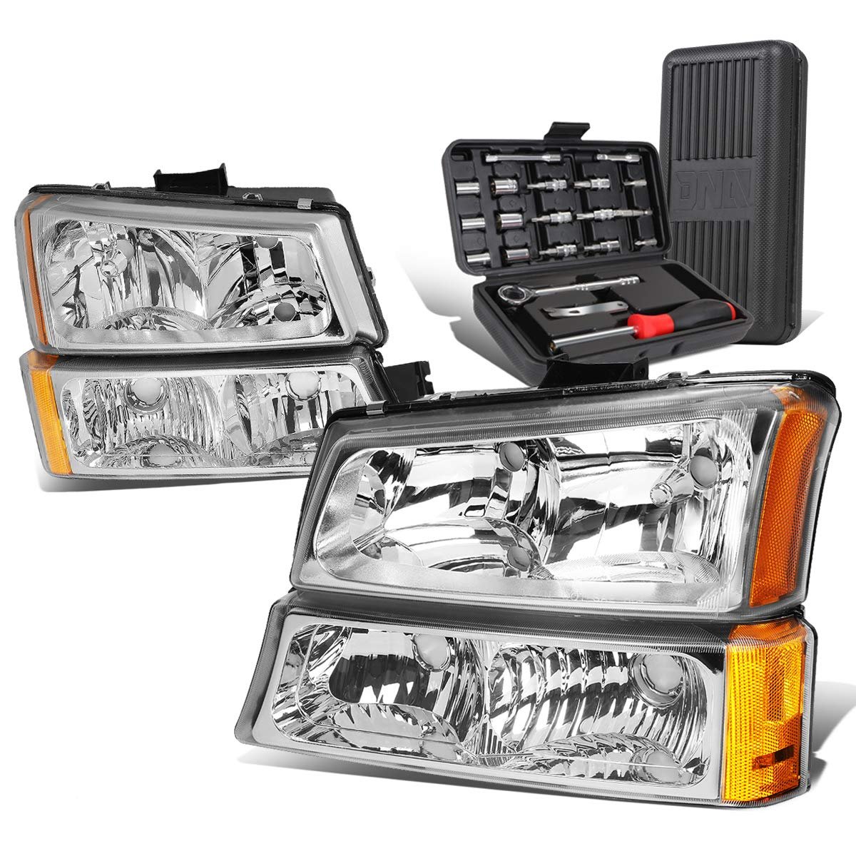 Auto Dynasty Chrome Amber Side Headlight Bumper Lamps Tool Kit For Chevy Avalanche Silverado 03-07 With O Factory Cladding