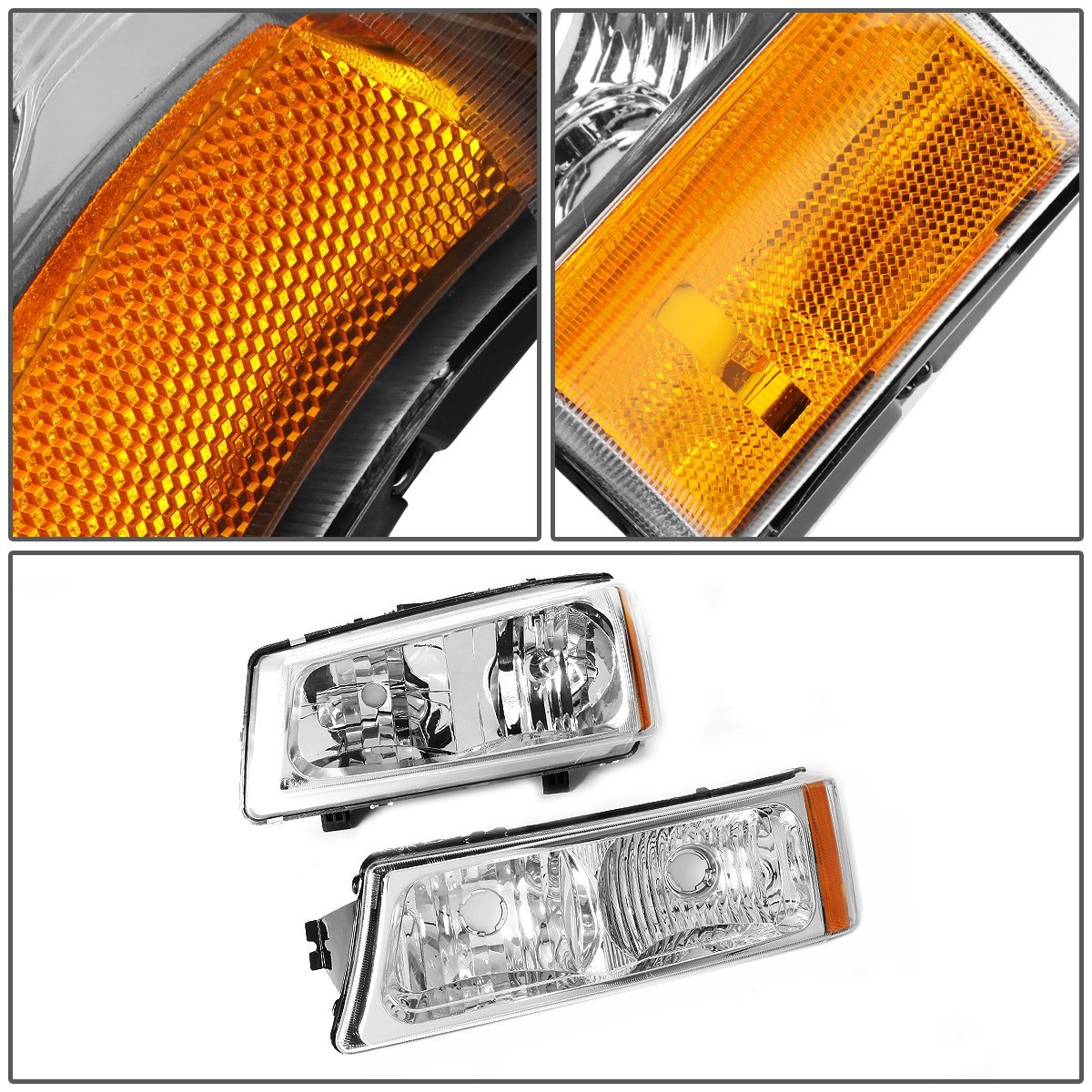 Auto Dynasty Chrome Amber Side Headlight Bumper Lamps Tool Kit For Chevy Avalanche Silverado 03-07 With O Factory Cladding