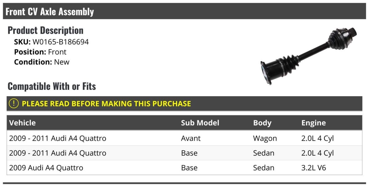 Front Cv Axle Assembly For 2009-2011 Audi A4 Quattro