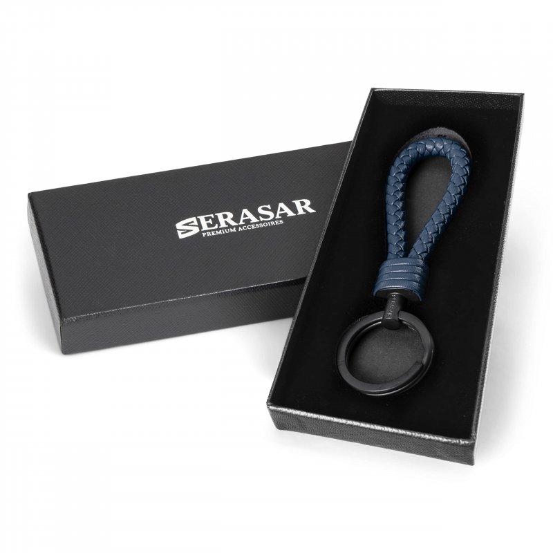Leather Keyring With Stainless Steel And Gift Box For Men Women Blue Genuine Cowhide Keychain Car Home Model K003