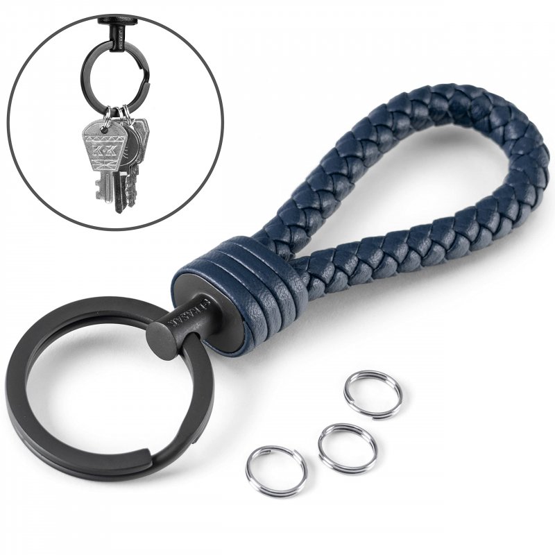 Leather Keyring With Stainless Steel And Gift Box For Men Women Blue Genuine Cowhide Keychain Car Home Model K003