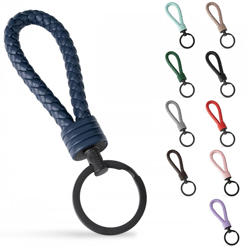Leather Keyring With Stainless Steel And Gift Box For Men Women Blue Genuine Cowhide Keychain Car Home Model K003