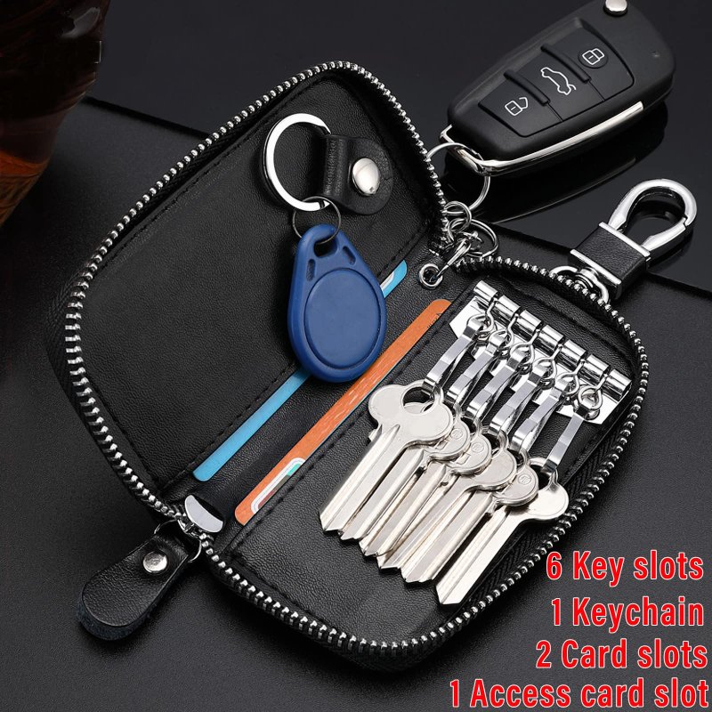 Lanma Car Key Case Holder Leather Chain Bag Remote Fob For Keychain Zipper Black