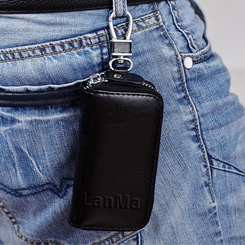 Lanma Car Key Case Holder Leather Chain Bag Remote Fob For Keychain Zipper Black