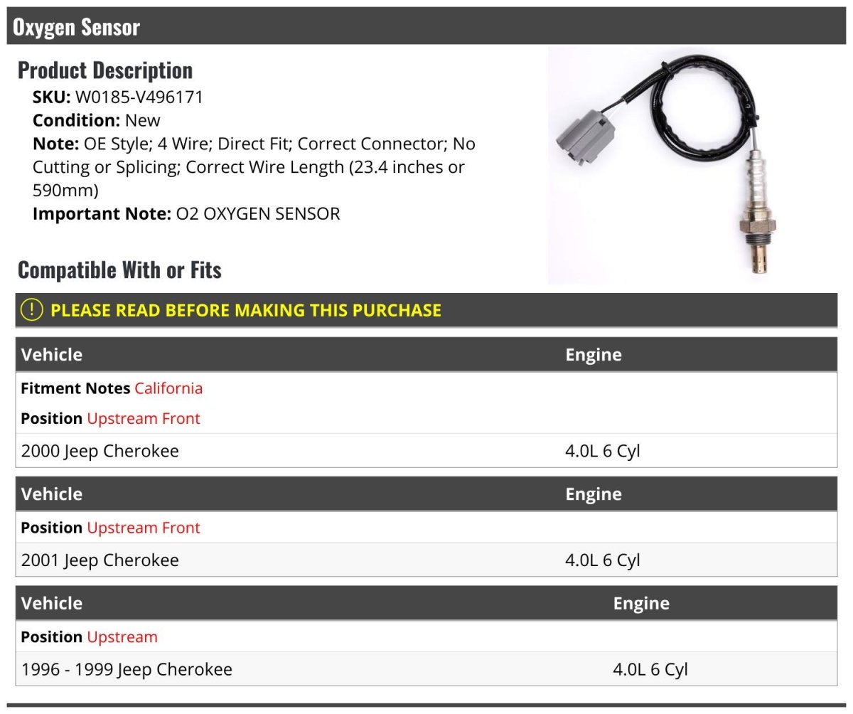 Oxygen Sensor For 1996 To 2001 Jeep Cherokee 4 0l 6 Cylinder Upstream Front Position Wire Direct Fit 23 In Length W0185-v496171