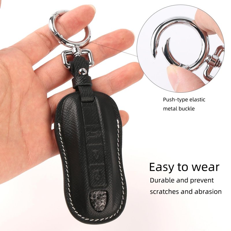 Cisui For Porsche Leather Key Fob Cover Withchain Key Shell 2020-2021 Panamera Cayenne-black