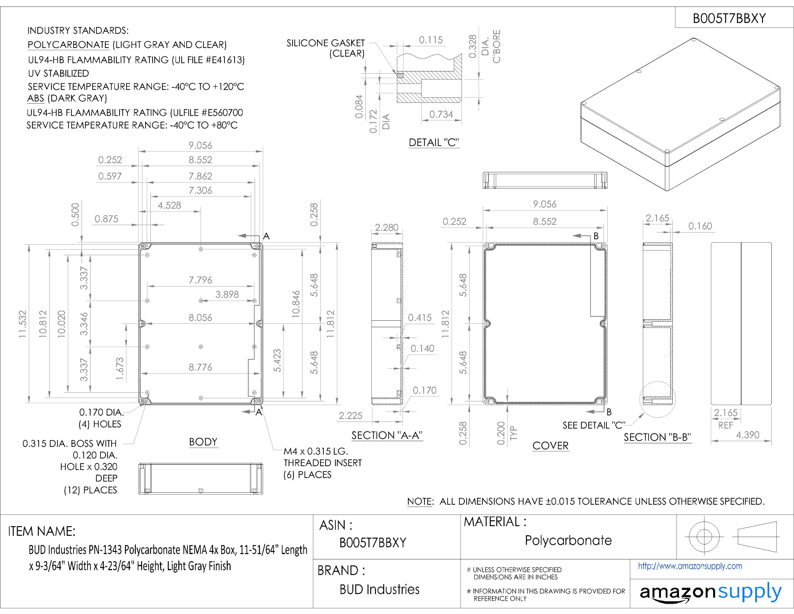 Bud Industries Pn-1343 Polycarbonate Nema 4x Box 11-51 64 Length X 9-3 Width 4-23 Height Light Gray Finish