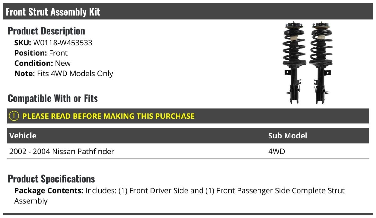 Front Strut And Coil Spring Assembly Kit 2 Piece For 2002-2004 Nissan Pathfinder 4wd