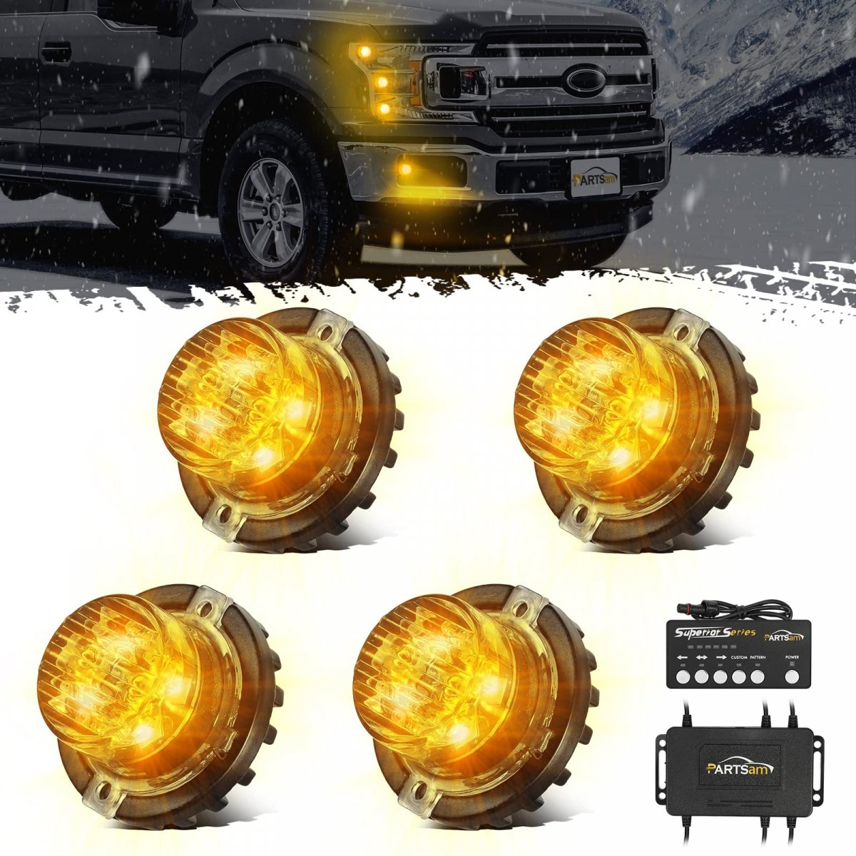 Partsam 4pcs Amber Led Hideaway Strobe Lights Kit 20 Flashing Modes W Control Box Hazard Warning Grille Safety Caution For Cars