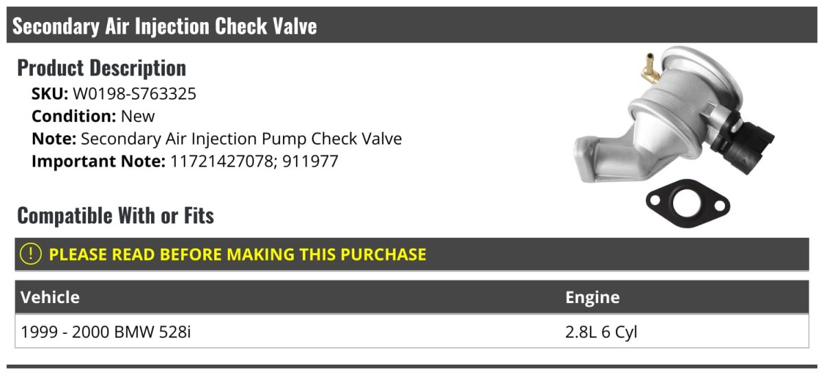 Secondary Air Injection Check Valve For 1999-2000 Bmw 528i 2 8l 6-cylinder