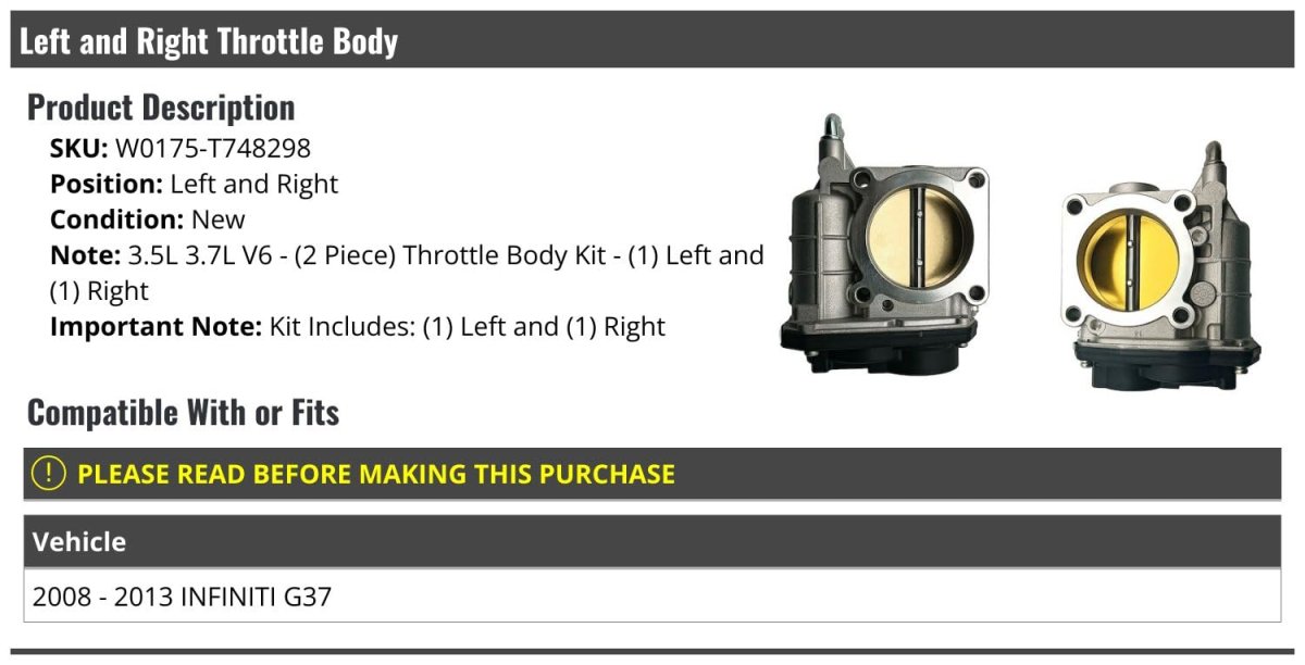 Left Driver Side And Right Passenger Throttle Body Set Of 2 For 2008-2013 Infiniti G37 V6