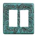 Turquoise Tooled Leather Southwestern Double Rocker Plate Rustic Decor 