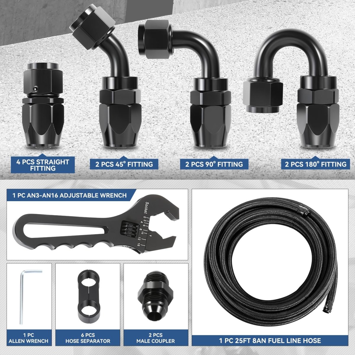 8an Fuel Line Kit 0 44 In Id Stainless Steel Braided Hose With Adapters Cpe 25 Ft Oil Gas And End Fitting Black