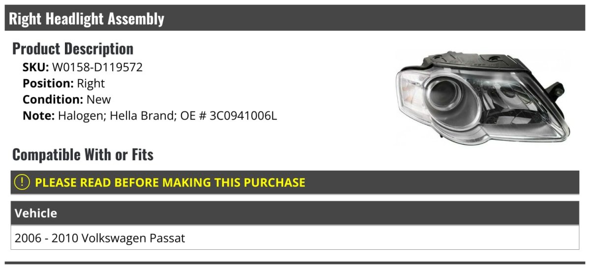 Right Passenger Side Halogen Headlight Assembly For 2006-2010 Volkswagen Passat