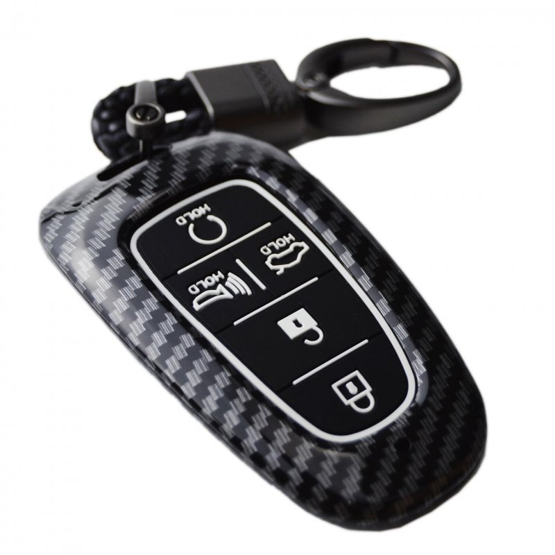 Carbon Pattern Shell Silicone Remote Key Fob Cover W Keychain For Hyundai Tucson Santa Palisade Sonata Ioniq 5 Nexo