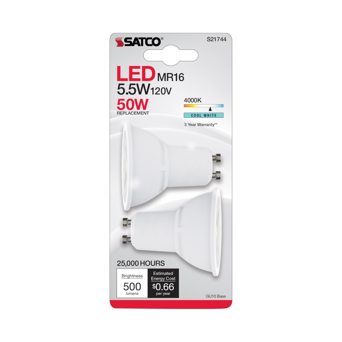Satco S21744 5 5w Mr16 Led Lamp Dimmable 4000k Cool White 500 Lumens Gu10 Base 120v Damp Location 50w Incandescent Equivalent