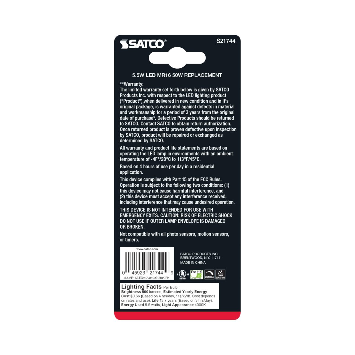 Satco S21744 5 5w Mr16 Led Lamp Dimmable 4000k Cool White 500 Lumens Gu10 Base 120v Damp Location 50w Incandescent Equivalent