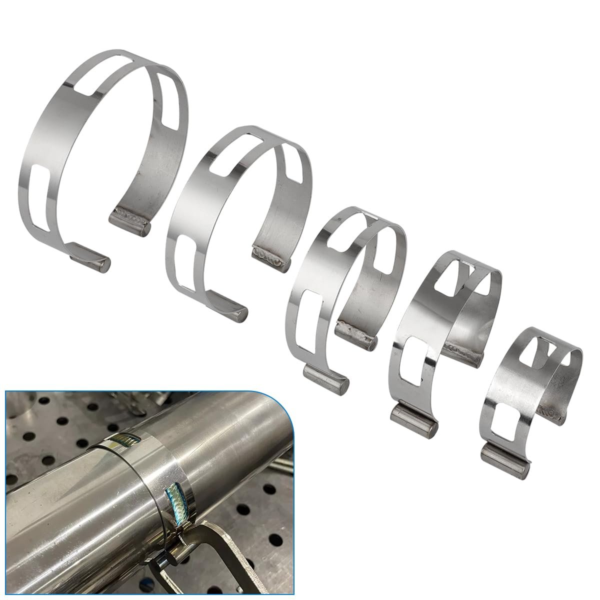 Exhaust Pipe Tacking Band Set For Tig Welding Fabrication 5 Piece Stainless Steel Clamp On Bands 2 In 3 And 4 Sizes