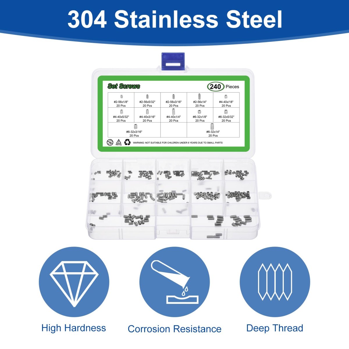 Allen Head Socket Hex Grub Screw Assortment Kit 240pcs 2-56 4-40 6-32 304 Stainless Steel Internal Drive Cup-point Set Screws