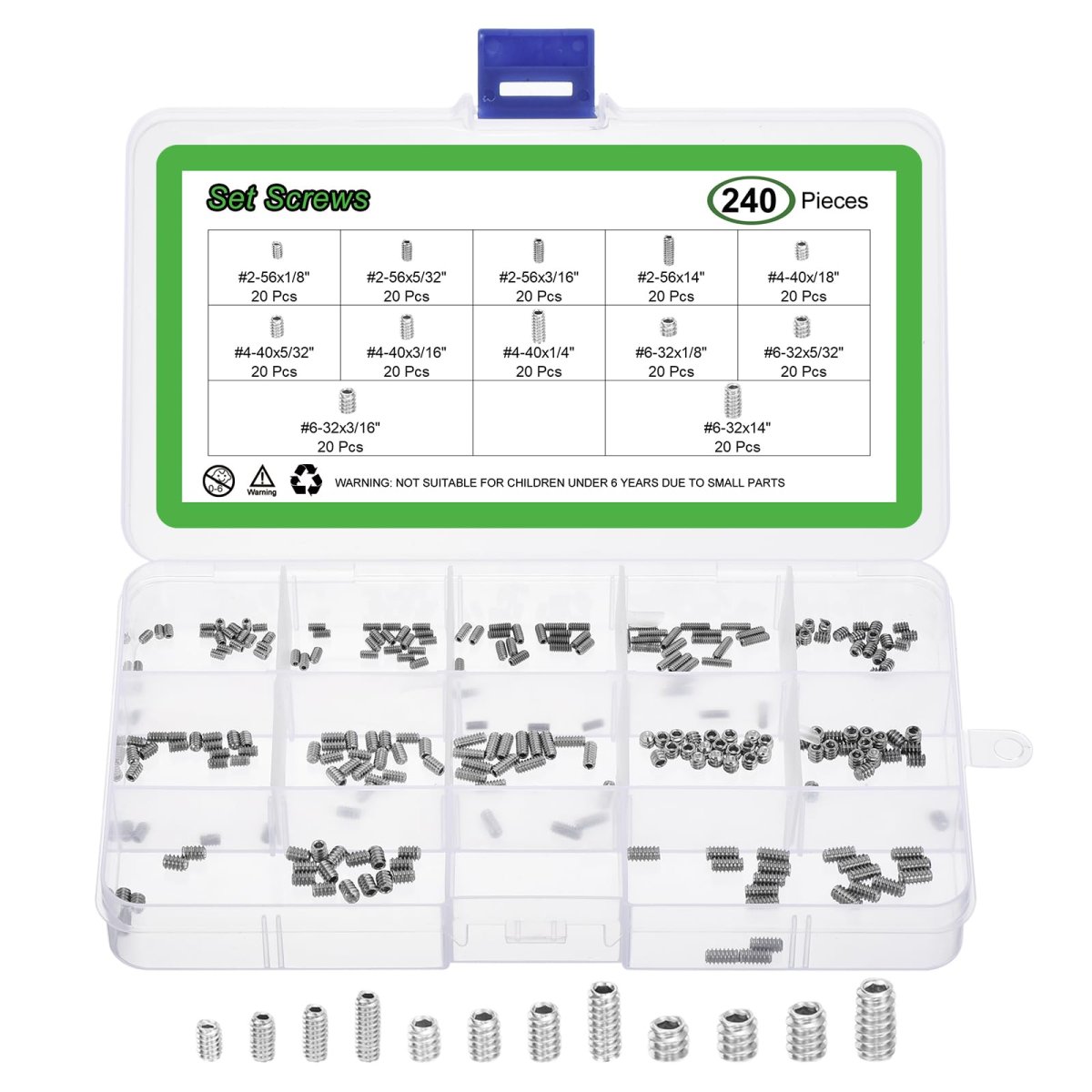 Allen Head Socket Hex Grub Screw Assortment Kit 240pcs 2-56 4-40 6-32 304 Stainless Steel Internal Drive Cup-point Set Screws
