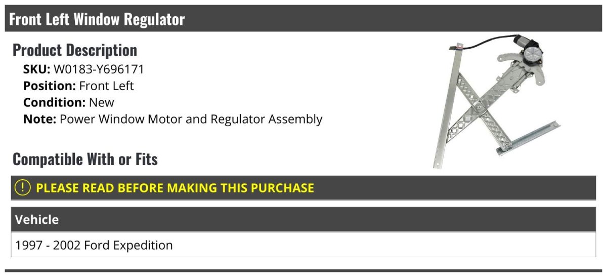 Front Left Driver Side Power Window Regulator And Motor Assembly Compatible With 1997-2002 Ford Expedition