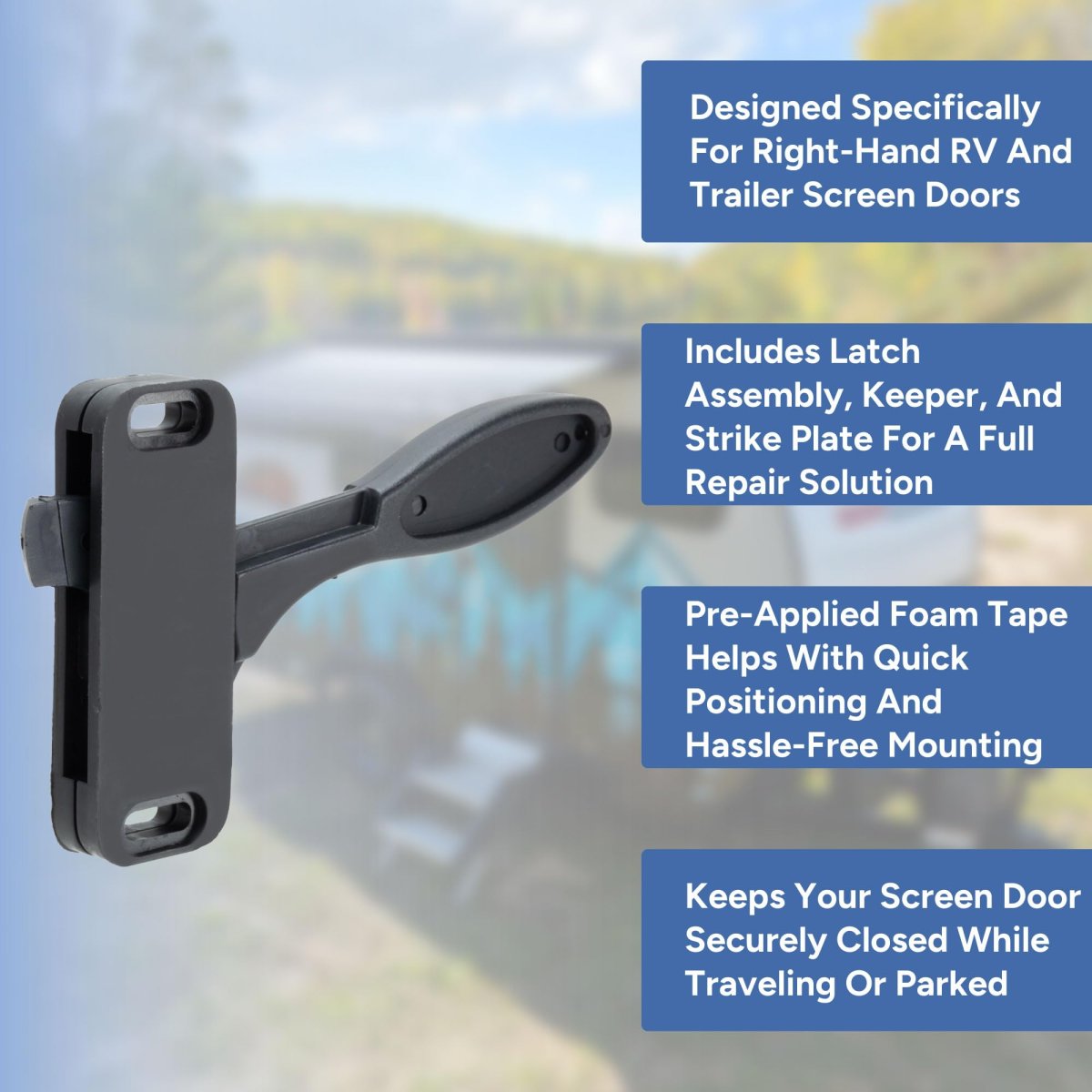 Recpro Rv Trailer Screen Door Latch Replacent Kit- Right Hand Complete Black Plastic Keeper Strike Plate