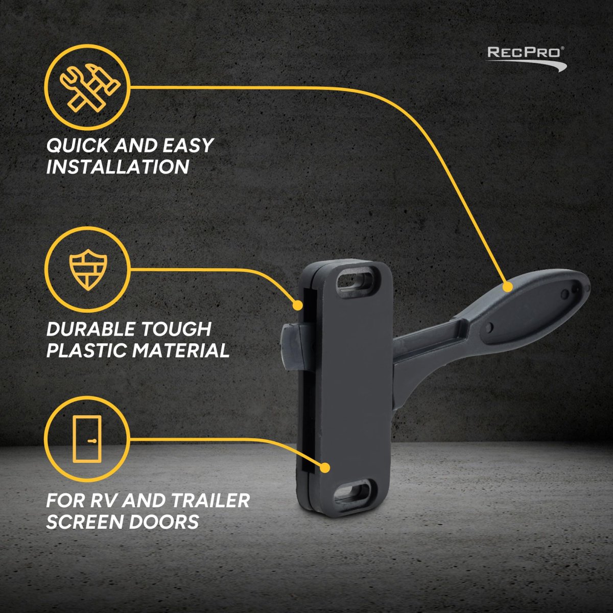 Recpro Rv Trailer Screen Door Latch Replacent Kit- Right Hand Complete Black Plastic Keeper Strike Plate