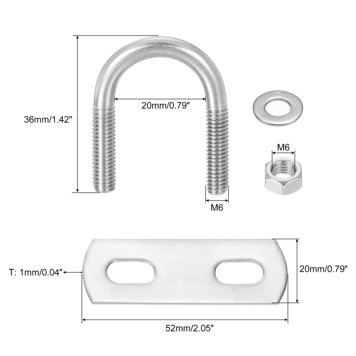 Round U-bolts 4 Sets 20mm 0 79 Inner Width 36mm Length M6 304 Stainless Steel U Clamp Bolt With Nuts And Plates For Boat